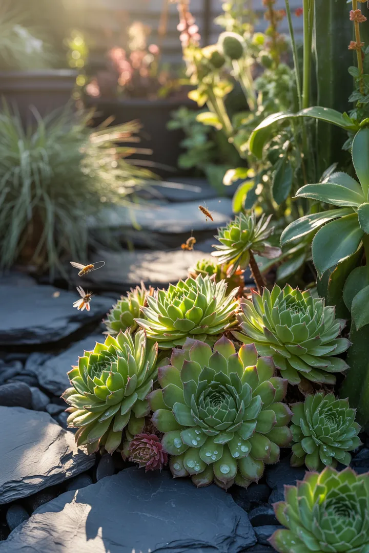 Bunte Sukkulentenvielfalt mit verschiedenen Arten: robuste, pflegeleichte und winterharte Pflanzen, ideal für kreative Gärten und Steingärten.