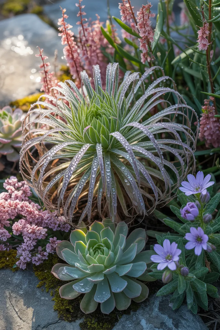 Bunte Auswahl an robusten Sukkulenten und winterharten Pflanzen in einem Gartenarrangement, ideal für pflegeleichte und trockene Standorte.