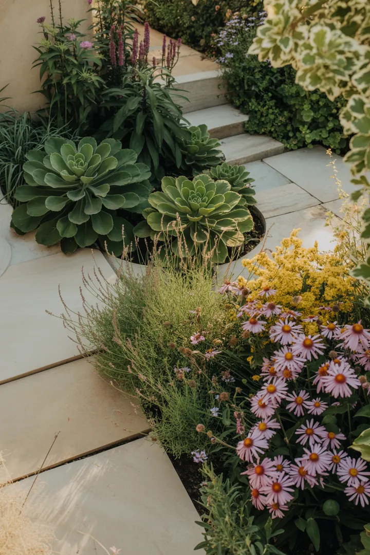 Bunte Sukkulentenkombination mit verschiedenen Arten, darunter robuste Felsen-Mauerpfeffer und pflegeleichte Kriechenden Sedum, vor grünem Hintergrund.