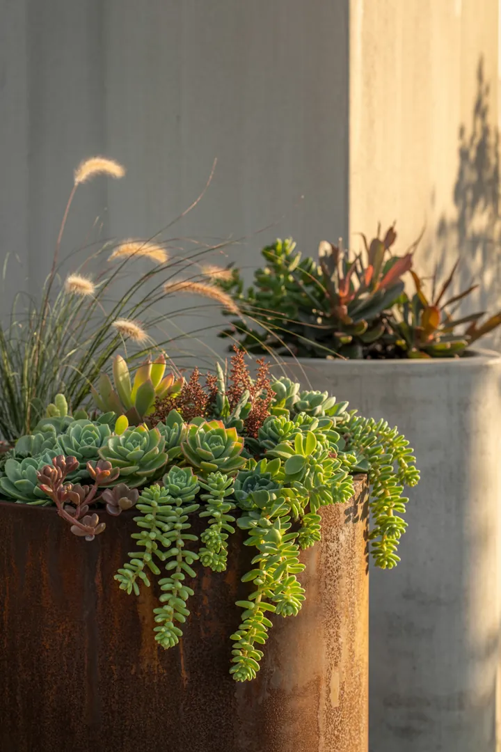 Buntes Arrangement von sukkulenten Pflanzen mit verschiedenen Texturen und Formen, darunter robuste Arten und pflegeleichte Bodendecker, die eine lebendige, grüne Oase schaffen.