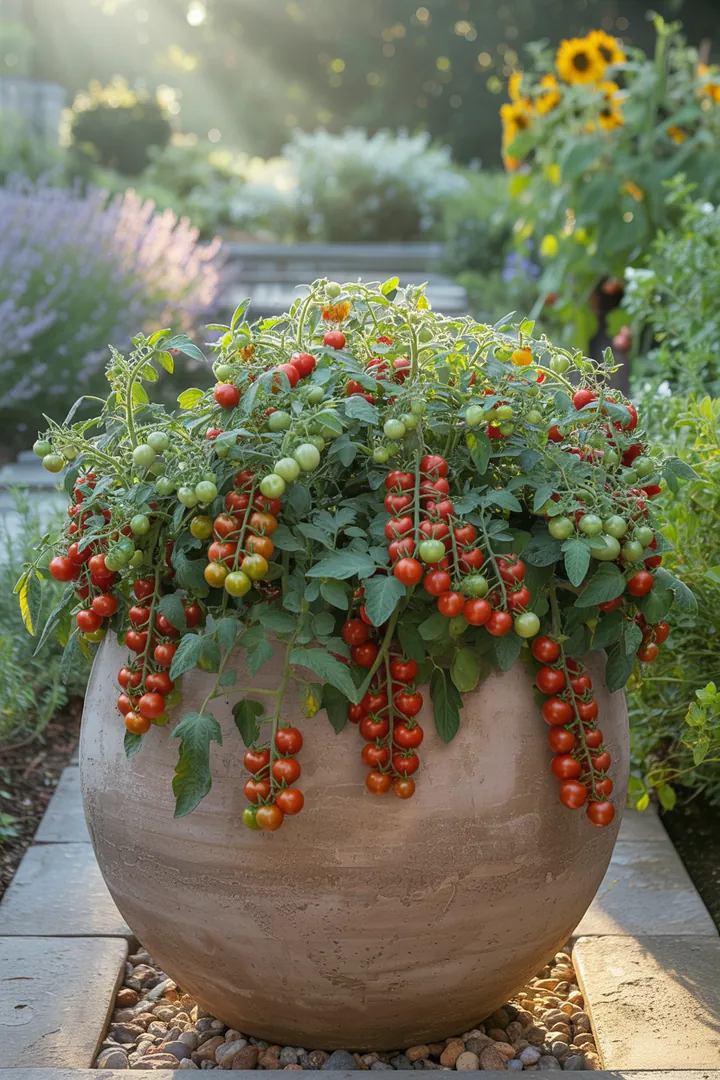 Ein blühender Pflanzenkübel mit leuchtenden roten Cocktailfrüchten, umgeben von frischer Tomatenerde, unterstützt durch einen stabilen Tomatenstab und Flüssigdünger für gesunde Buschtomaten.