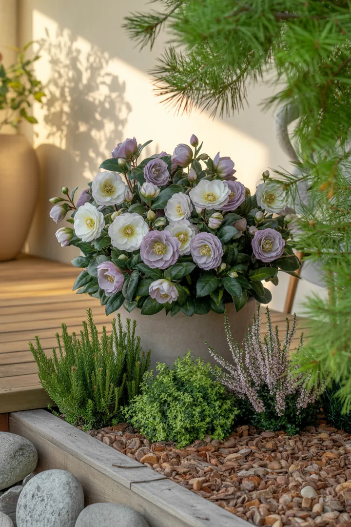 „Frostbeständige Pflanzenarrangements mit Christrose, Skimmie, Heide und Zwergkiefer, umgeben von schützender Vlies-Isolierung in dekorativen Töpfen.“