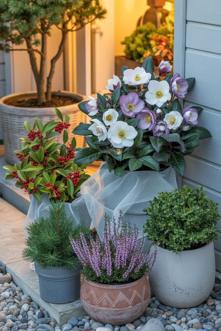 Frostresistente Pflanzenarrangements mit Christrose, Skimmie und Heide, umgeben von Zwergkiefer und Ilex, geschützt durch Vlies und Topf-Isolierung.
