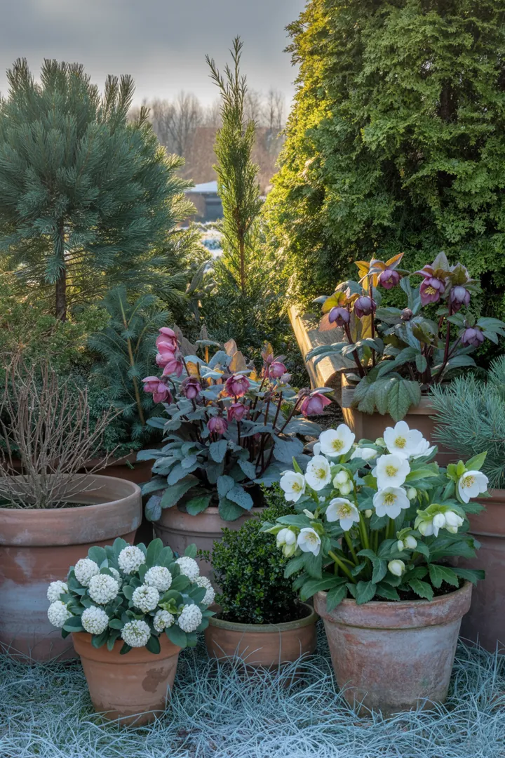 Bunte Frühlingsblüher wie Christrose, Hornveilchen und Gänseblümchen erhellen den Garten, während frostharte Pflanzen und frühblühende Arten wie Krokus und Märzenbecher die Landschaft lebendig machen.