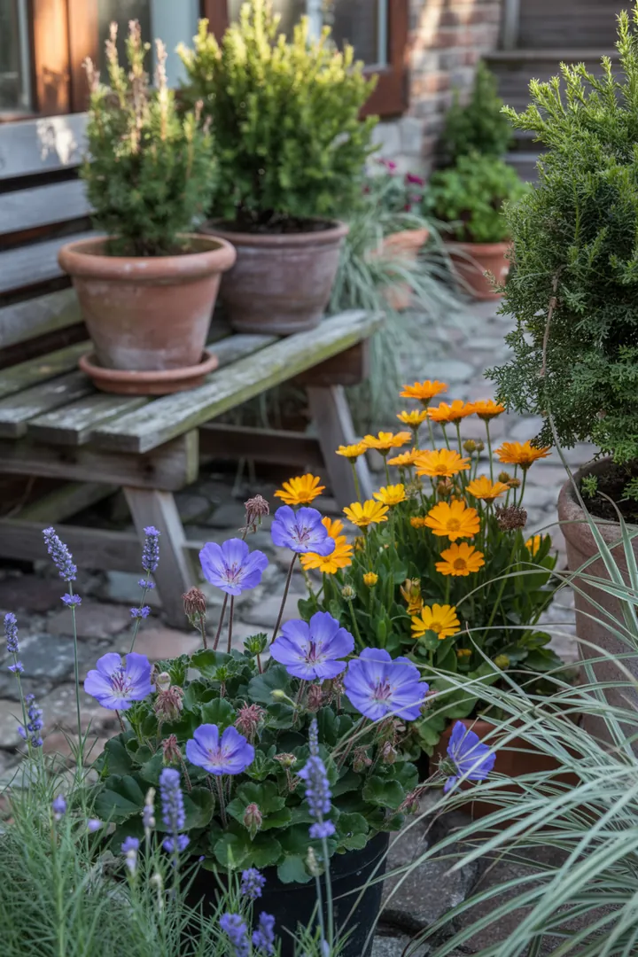 Bunte Frühlingsblüten in einem Gartenarrangement, darunter frostharte Hornveilchen, frühe Blüher und duftende Hyazinthen, schaffen eine lebendige und fröhliche Atmosphäre.