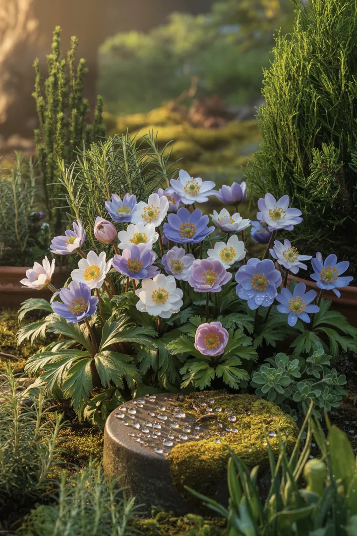 Bunt blühende Frühlingsboten in einem Gartenarrangement: zarte Christrose, frostharte Hornveilchen, leuchtende Primeln und strahlende Anemonen, umgeben von robusten Märzenbechern und winterharten Gänseblümchen.