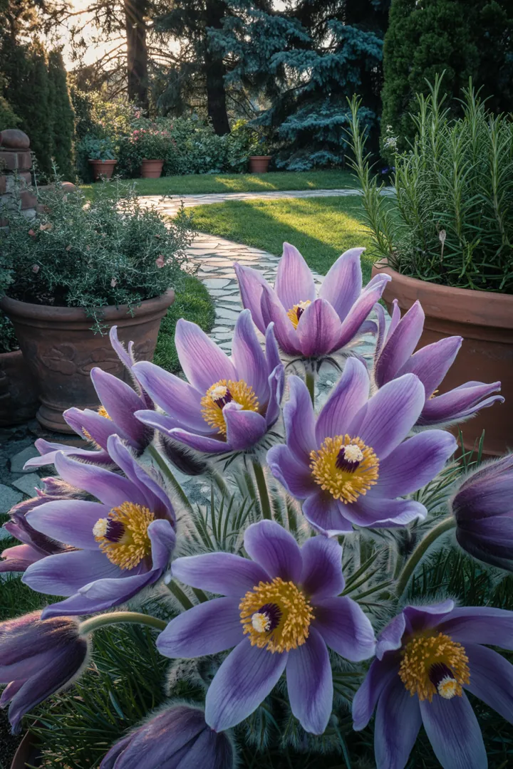 Bunte Frühlingsblumen in voller Blüte: Christrose, Hornveilchen, Primel, Gänseblümchen, und mehr, die den Garten erhellen und das Ende des Winters ankündigen.