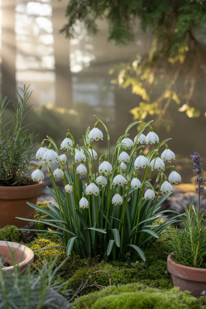 Bunte Frühlingsblüten in einem Garten: Helleborus niger, Viola cornuta, Primula vulgaris, und andere frühe Pflanzen, die frosthart und robust sind.