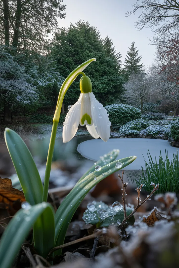 Bunte Frühlingsblumen in einem Garten arrangiert, darunter frühblühende Pflanzen wie Christrose, Hornveilchen und Gänseblümchen, die frosthart und winterhart sind.