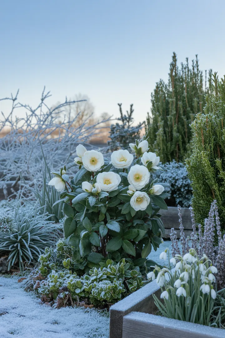Ein bunter Frühlingsgarten mit verschiedenen blühenden Pflanzen, darunter zarte Christrosen, frostharte Hornveilchen und farbenfrohe Primeln. Frühblühende Strahlen-Anemonen, winterharte Gänseblümchen und heimische Küchenschellen verleihen dem Bild Vielfalt. Krokusse, robuste Märzenbecher, kleinblütige Blausternchen, klassische Schneeglöckchen, duftende Hyazinthen
