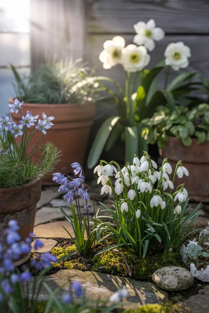 Frühlingserwachen mit einer vielfältigen Auswahl an Blumen, darunter die elegante Christrose, farbenfrohe Primeln und duftende Hyazinthen, die die Gartenlandschaft beleben.
