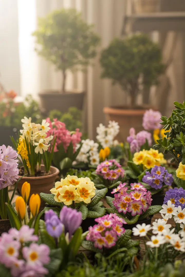 Bunte Frühlingsblumen wie Christrose, Hornveilchen und Gänseblümchen erblühen in einem Garten, während Krokusse und Schneeglöckchen den Frühling ankündigen.
