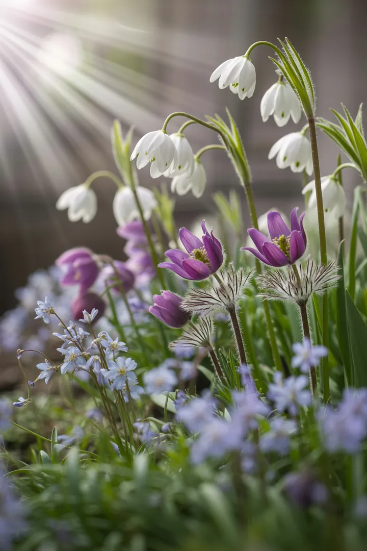 Bunt blühende Frühlingspflanzen in einem Gartenarrangement, darunter Christrose, Hornveilchen, Primel und Gänseblümchen, die die Rückkehr der warmen Jahreszeit symbolisieren.
