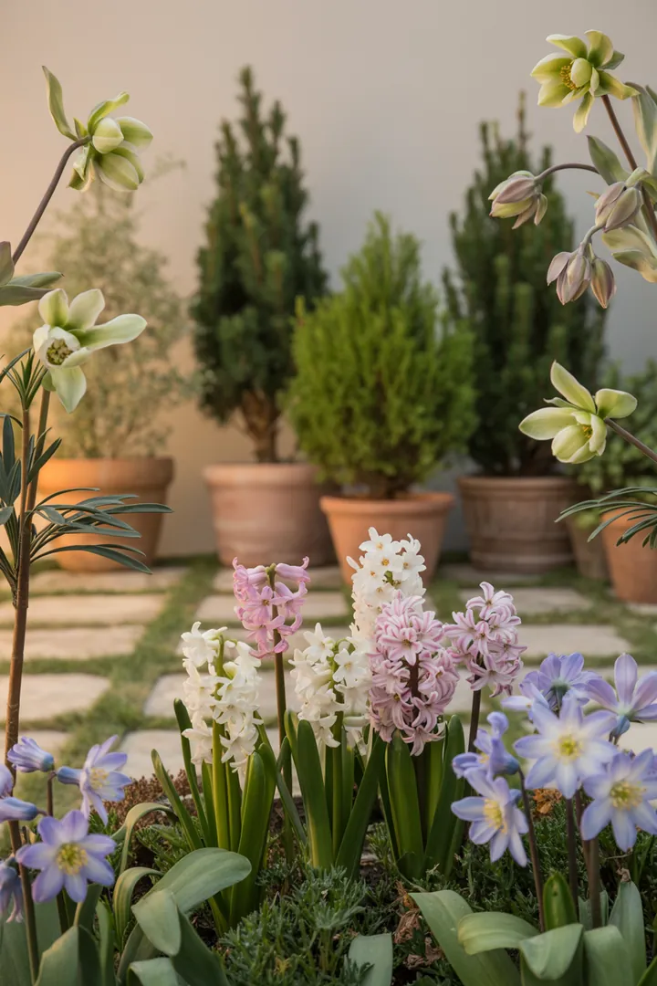 Bunt blühende Frühlingspflanzen, darunter zarte Christrosen, duftende Hyazinthen und robuste Gänseblümchen, bringen Farbe und Leben in die Gartenlandschaft.