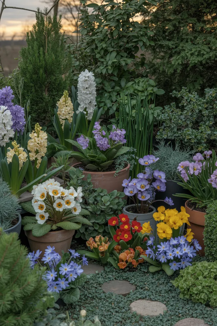 Zarte Frühlingsblüten in bunten Farben, darunter Christrose, Hornveilchen und Schneeglöckchen, verwandeln den Garten in ein blühendes Paradies.