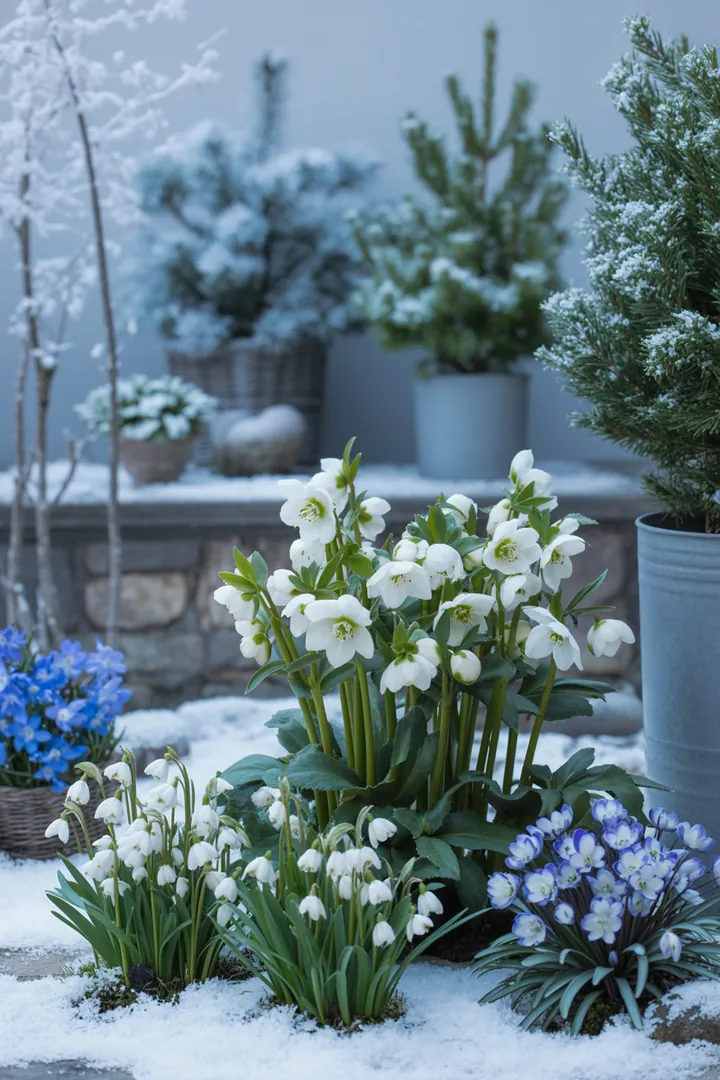 Eine bunte Frühlingslandschaft mit verschiedenen blühenden Pflanzen, darunter die frostharte Hornveilchen, die duftende Hyazinthe und die klassische Schneeglöckchen, die den Garten mit Leben und Farben füllt.