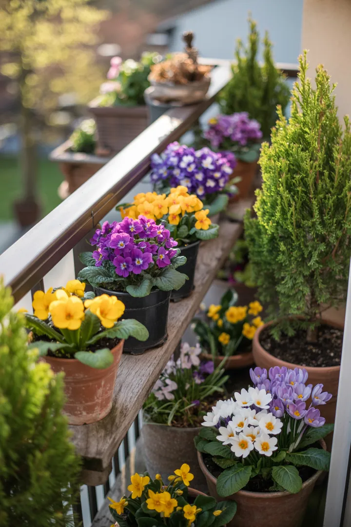 Bunte Frühlingsblumen, darunter frostharte Hornveilchen, frühblühende Strahlen-Anemonen und duftende Hyazinthen, schmücken den Garten und bringen lebendige Farben in die Landschaft.