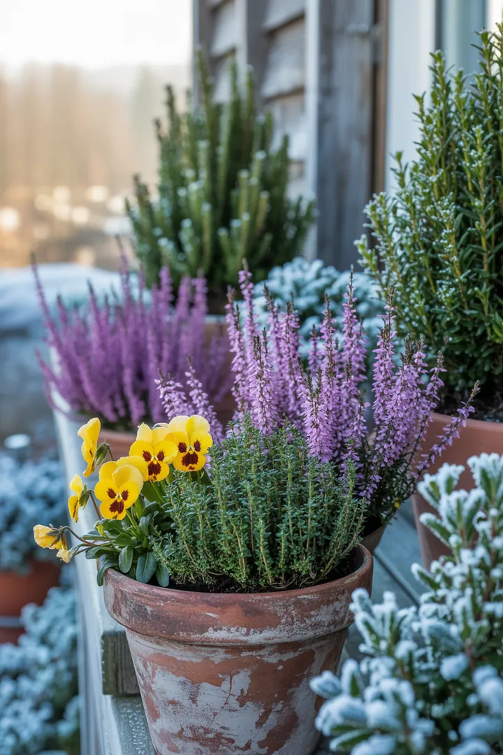 Buntes Frühlingsbeet mit verschiedenen Pflanzen: Christrose, Hornveilchen, Primel und Schneeglöckchen blühen früh und robust, umgeben von weiteren winterharten Blumen.