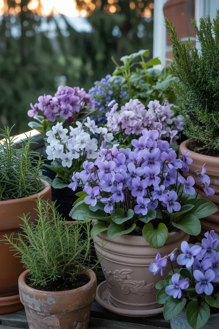 Ein farbenfrohes Frühlingsensemble zeigt verschiedene blühende Pflanzen, darunter frühe Blüher und frostharte Arten, die in einem Garten harmonisch angeordnet sind.