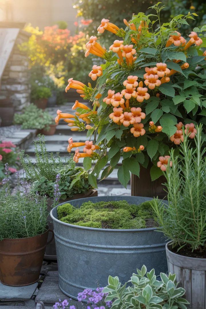 Eine üppige Begrünung mit dekorativen Kletterpflanzen, darunter immergrüne Ranken, duftende Blüten und farbenfrohes Laub, schaffen eine lebendige Atmosphäre.