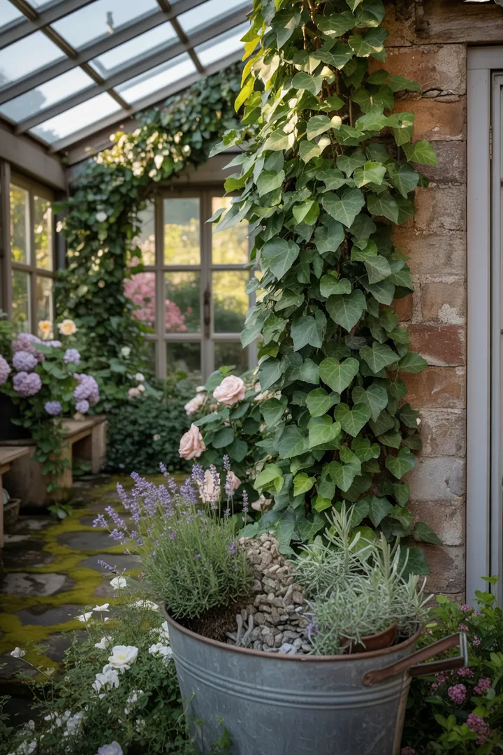 Bunt blühende Kletterpflanzen und immergrüne Gewächse schmücken eine Wand, während herbstliche Farben und exotische Formen harmonisch miteinander verschmelzen.