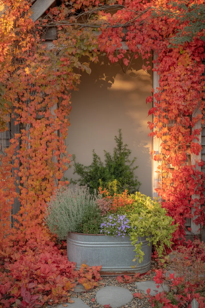 Ein üppiges, grünes Wandbild zeigt eine Mischung aus immergrünen Kletterpflanzen und blühenden Sorten, die lebendige Farben und duftende Blüten bieten. Ideal für schattige Bereiche.