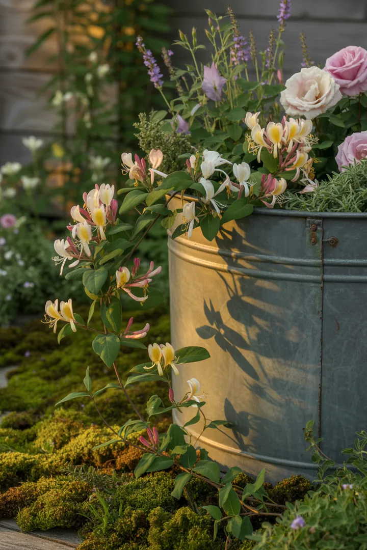 Eine üppige grüne Wand aus verschiedenen Kletterpflanzen zeigt eine harmonische Kombination aus immergrünen und blühenden Sorten, die sowohl Duft als auch lebendige Farben in den Garten bringen.
