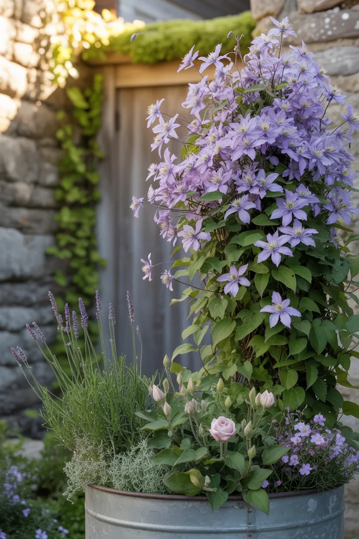 Vielfältige Kletterpflanzen in üppigem Grün, darunter robuste Sorten mit duftenden Blüten und leuchtenden Herbstfarben, bieten ganzjährige Schönheit und Schattenverträglichkeit.