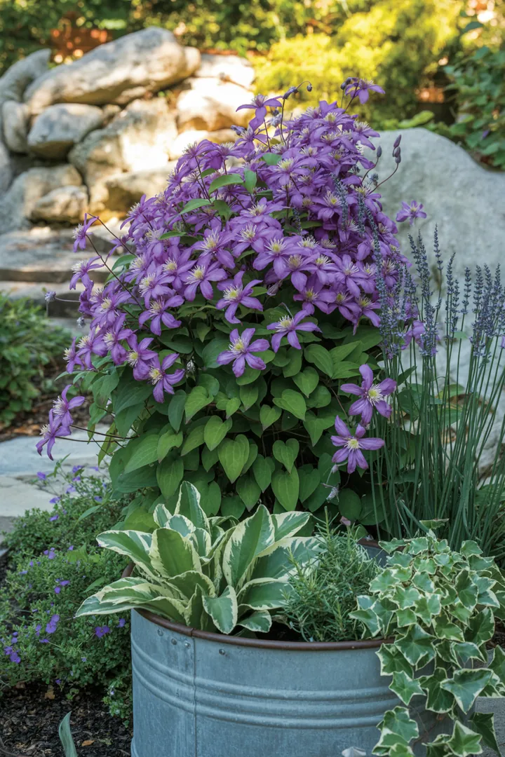 Blick auf eine üppige grüne Wand aus Kletterpflanzen, die mit duftenden Blüten und lebhaften Laubfarben akzentuiert ist.