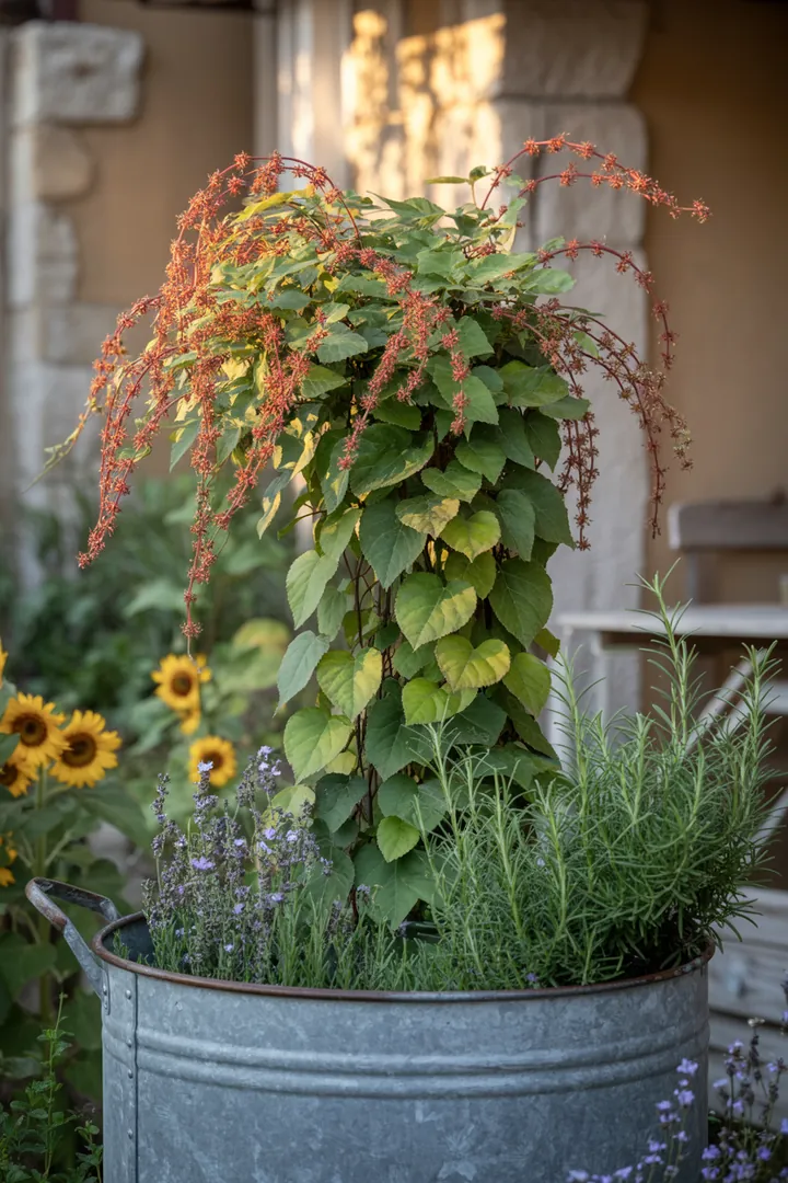 Vielfältige Kletterpflanzen mit grünen Blättern und lebendigen Blüten, die für üppige Wandbegrünung und Herbstfarbe sorgen. Ideal für schattige Bereiche.