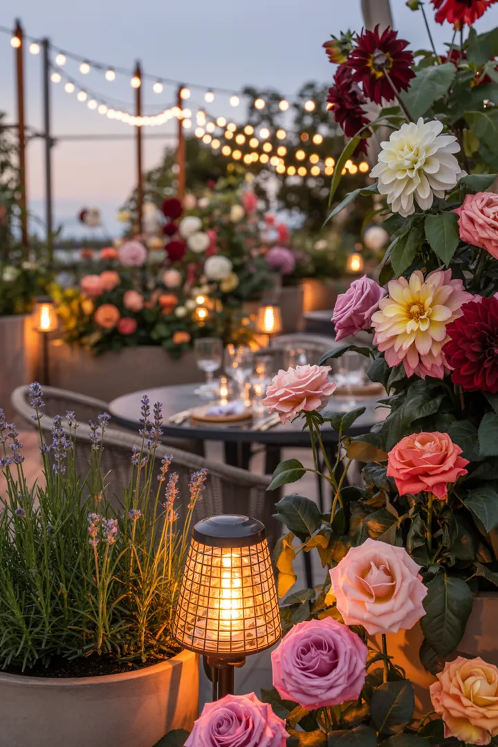 Beleuchtete Gartenlandschaft mit stilvollen Solarleuchten, dekorativen Lichterketten und charmanten Laternen, umgeben von modernen Pflanzkübeln und praktischen Outdoor-Steckdosen.