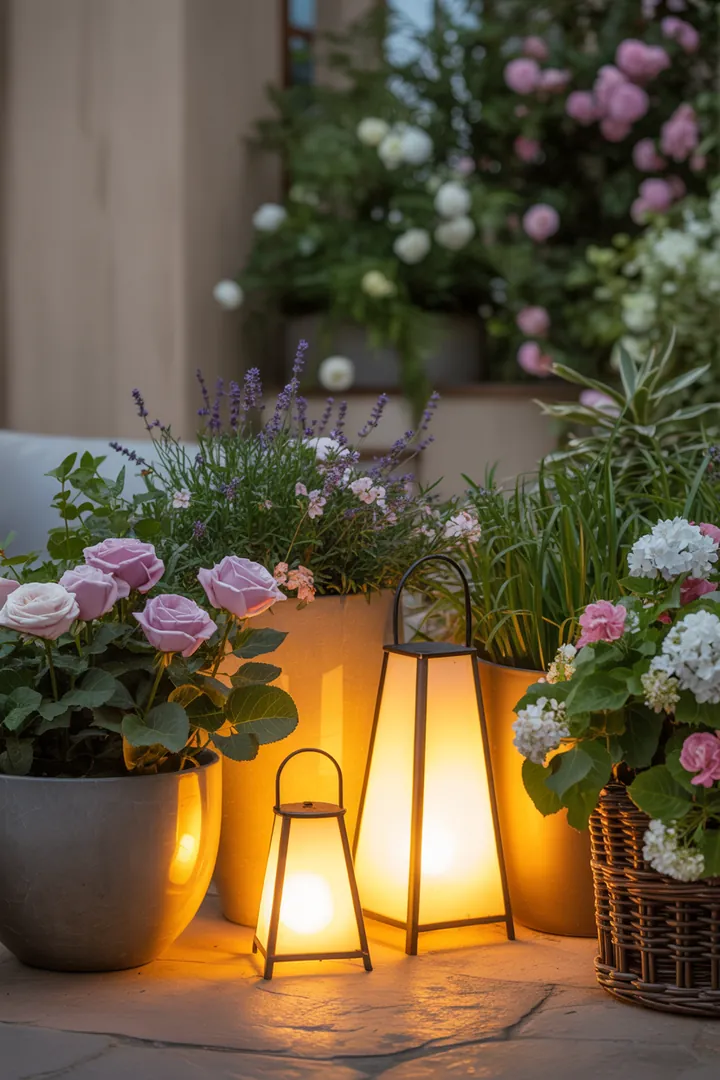 Eine stimmungsvolle Gartenansicht mit strahlenden Solarleuchten, dekorativen Lichterketten und eleganten Laternen, umgeben von farbenfrohen Pflanzkübeln und praktischen Outdoor-Steckdosen.