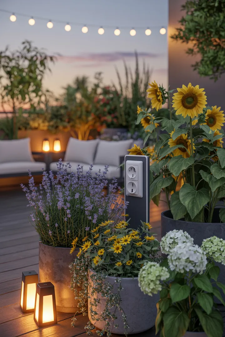 Beleuchtete Gartenlandschaft mit energieeffizienten Solarleuchten, dekorativen Lichterketten und stilvollen Laternen, ergänzt durch praktische Outdoor-Steckdosen und blühende Pflanzkübel.