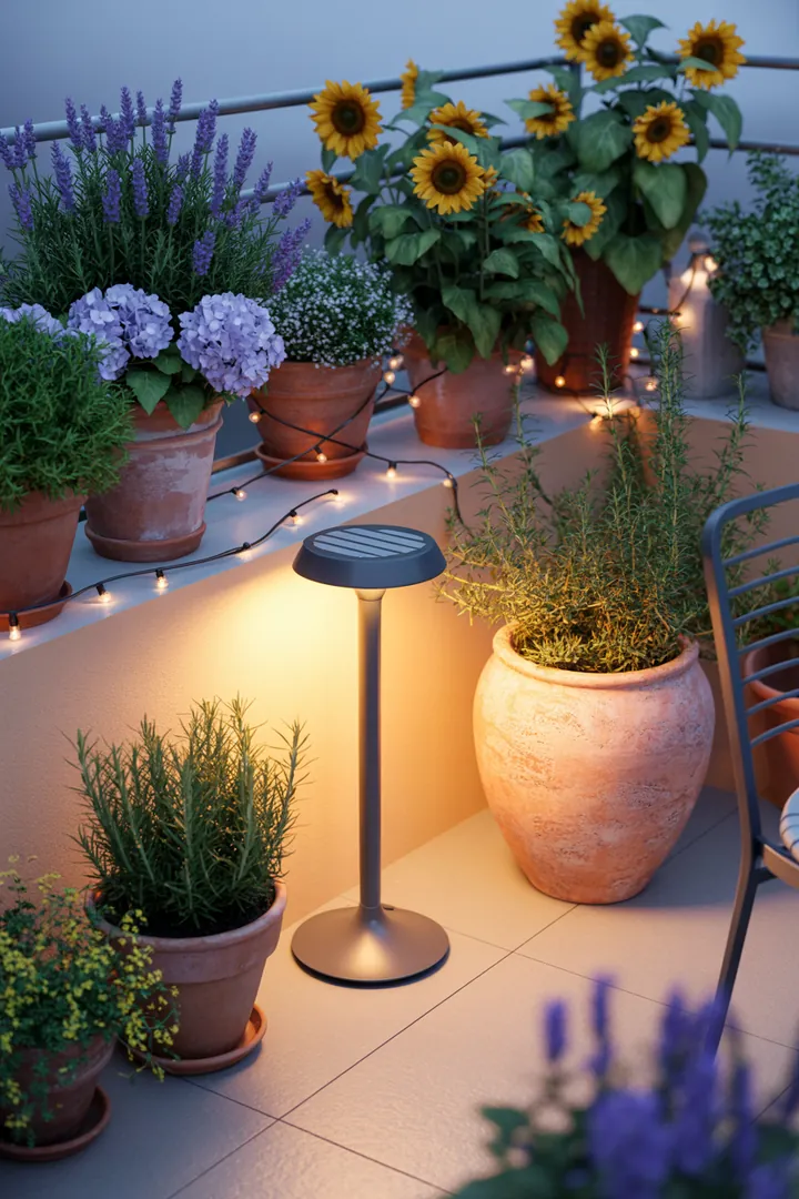 Beleuchtete Gartenlandschaft mit energieeffizienten Solarleuchten, dekorativen Lichterketten, stilvollen Laternen, praktischen Outdoor-Steckdosen und bunten Pflanzkübeln.