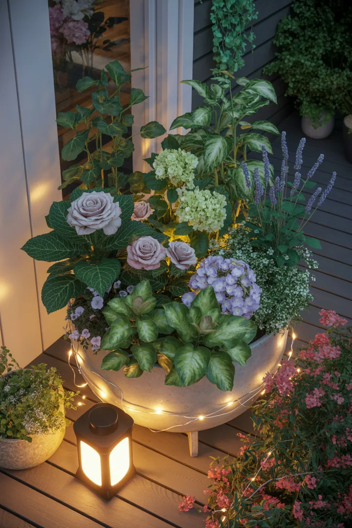 Bunte Lichter und strahlende Leuchten verschönern den Garten mit stilvollen Laternen, Solarleuchten und dekorativen Pflanzkübeln, ideal für stimmungsvolle Abende.