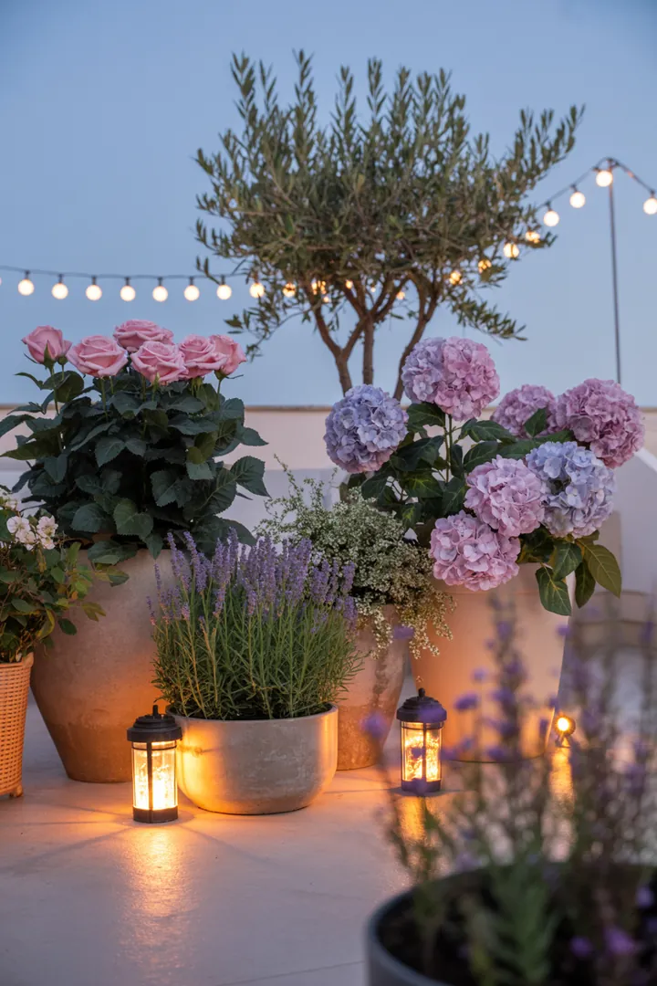 Eine stimmungsvolle Außenansicht mit leuchtenden Solarleuchten, eleganten Laternen und bunten Lichterketten, umgeben von stilvollen Pflanzkübeln und praktischen Outdoor-Steckdosen.