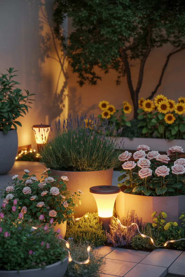 Beleuchtete Gartenlandschaft mit strahlenden Solarleuchten, festlichen Lichterketten und dekorativen Laternen, umgeben von stilvollen Pflanzkübeln und praktischen Outdoor-Steckdosen.