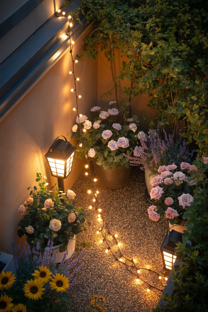 Eine stimmungsvolle Outdoor-Umgebung, beleuchtet mit innovativen Solarleuchten und dekorativen Lichterketten, umgeben von eleganten Pflanzkübeln und praktischen Steckdosen für den Außenbereich.