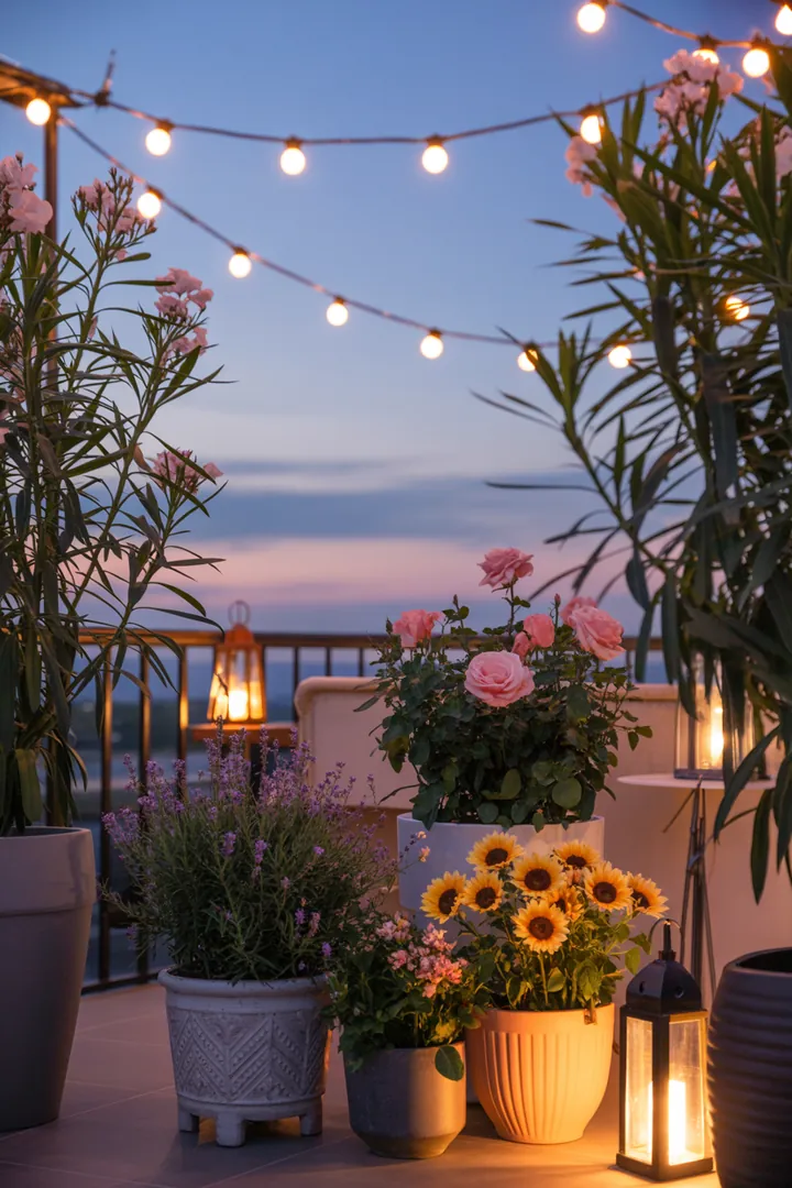 Bunt erleuchtete Gartenlandschaft mit kreativen Lichtinstallationen, darunter solarbetriebene Leuchten, stimmungsvolle Lichterketten und dekorative Laternen, umgeben von stilvollen Pflanzkübeln und praktischen Outdoor-Steckdosen.