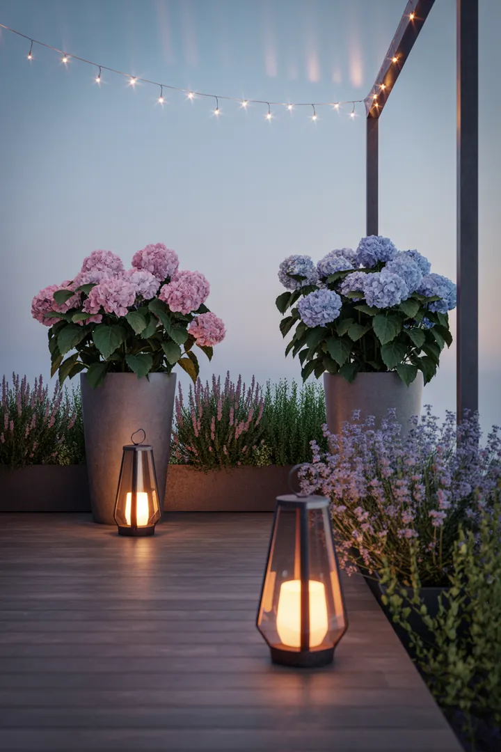 Ein stimmungsvolles Outdoor-Setup mit leuchtenden Solarleuchten, dekorativen Lichterketten und eleganten Laternen um einen stilvollen Pflanzkübel, ergänzt durch praktische Outdoor-Steckdosen.