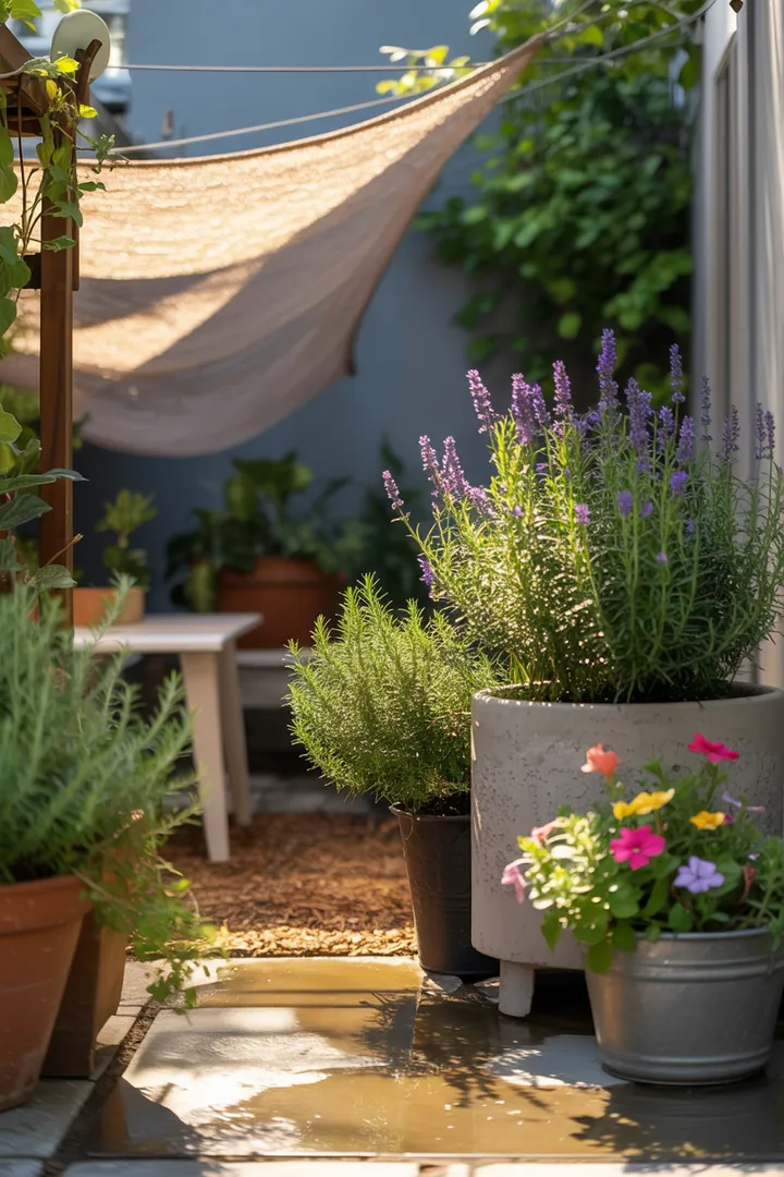 Bunte Pflanzen in einem hellen Behälter, umgeben von Mulch und einem speziellen Substrat, geschützt durch ein Schattiernetz und unterstützt von einem cleveren Gießsystem.