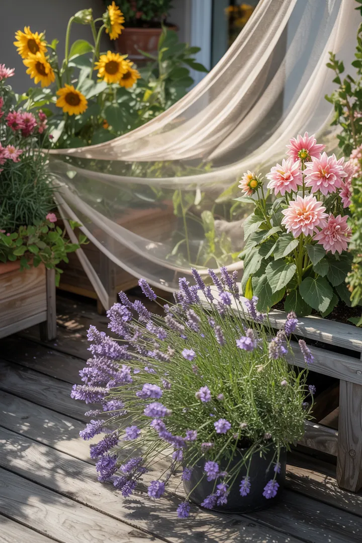 „Ein heller Pflanzbehälter gefüllt mit feuchtem Substrat und Mulch, geschützt durch ein Schattiernetz und ausgestattet mit einem Gießsystem.“
