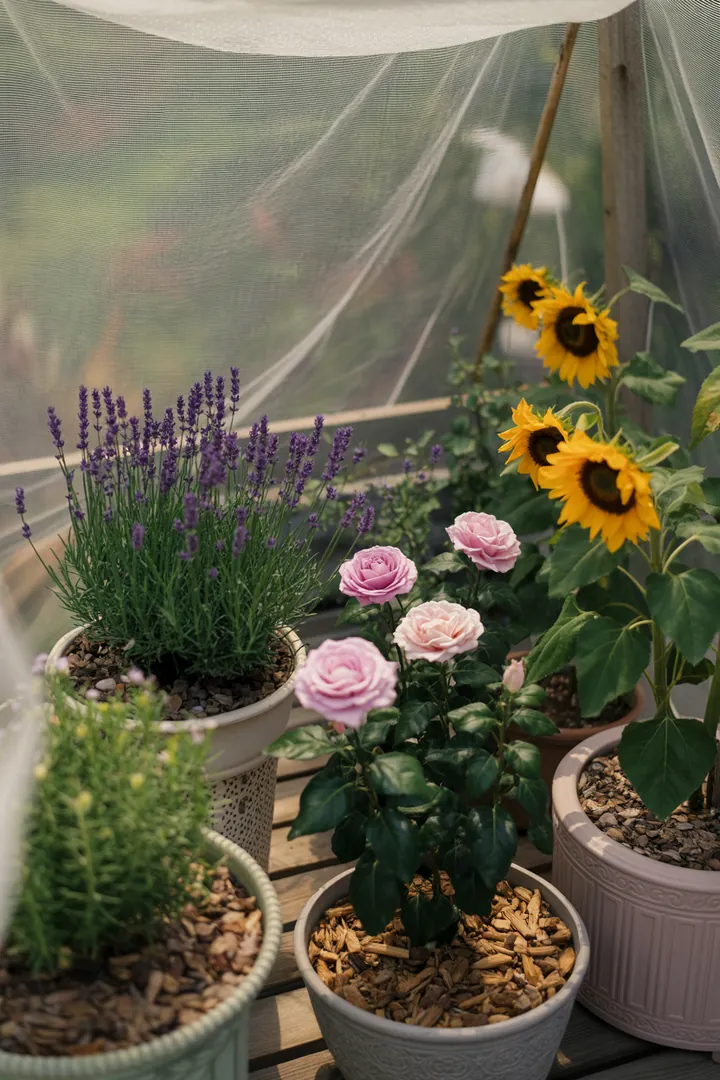 Helle Kübel mit innovativem Gießsystem, umgeben von Mulch und Schattiernetz, ideal für feuchtespeicherndes Substrat in einem Garten.