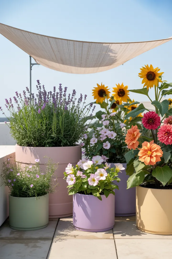 Eine helle Pflanzschale mit Mulchschicht, umgeben von einem Schattiernetz und einem innovativen Gießsystem, sorgt für optimale Feuchtigkeitsspeicherung.