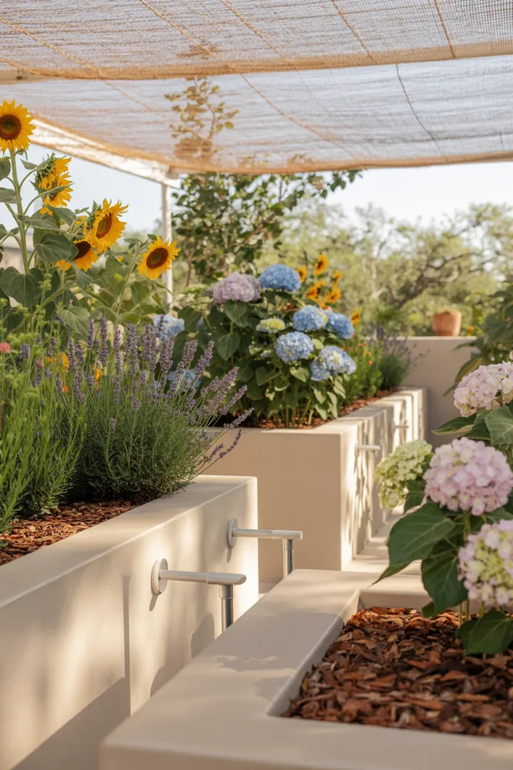 Ein sonnengeschützter Kübel mit Pflanzen, umgeben von Mulch und einem innovativen Gießsystem zur optimalen Feuchtespeicherung.