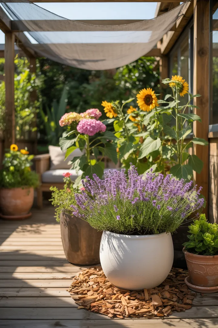 Ein heller Pflanzbehälter mit Mulch, der ein feuchtes Speichersubstrat enthält, geschützt von einem Schattiernetz und einem integrierten Gießsystem.