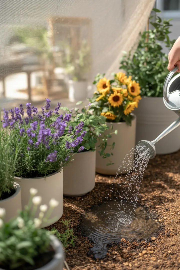 Helle Kübel mit feuchtespeicherndem Substrat, bedeckt mit Mulch und geschützt durch ein Schattiernetz, optimiertes Gießsystem für Pflanzen.