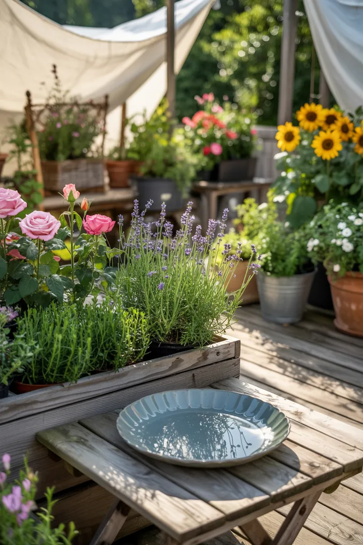 Ein heller Pflanzbehälter mit Mulch, der ein feuchtes Speichermedium enthält, ist unter einem Schattiernetz mit einem integrierten Gießsystem platziert.