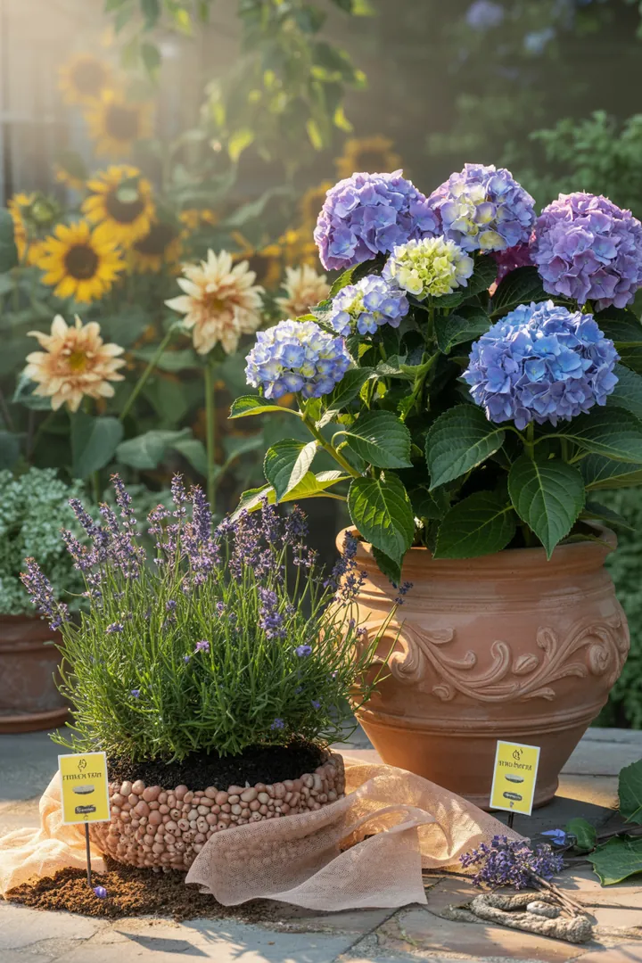 Bild von einem Garten mit Gelbtafeln zur Schädlingsbekämpfung, umgeben von Pflanzen in mineralischem Substrat, unterstützt durch Blähton und Drainagevlies für optimale Feuchtigkeit.