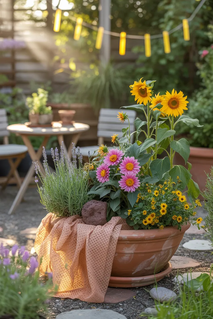"Ansicht eines Pflanzenpflege-Setups mit Gelbtafeln zur Schädlingserkennung, Neemöl zur natürlichen Bekämpfung, mineralischem Substrat, Blähton für optimale Drainage und Schutzvlies."